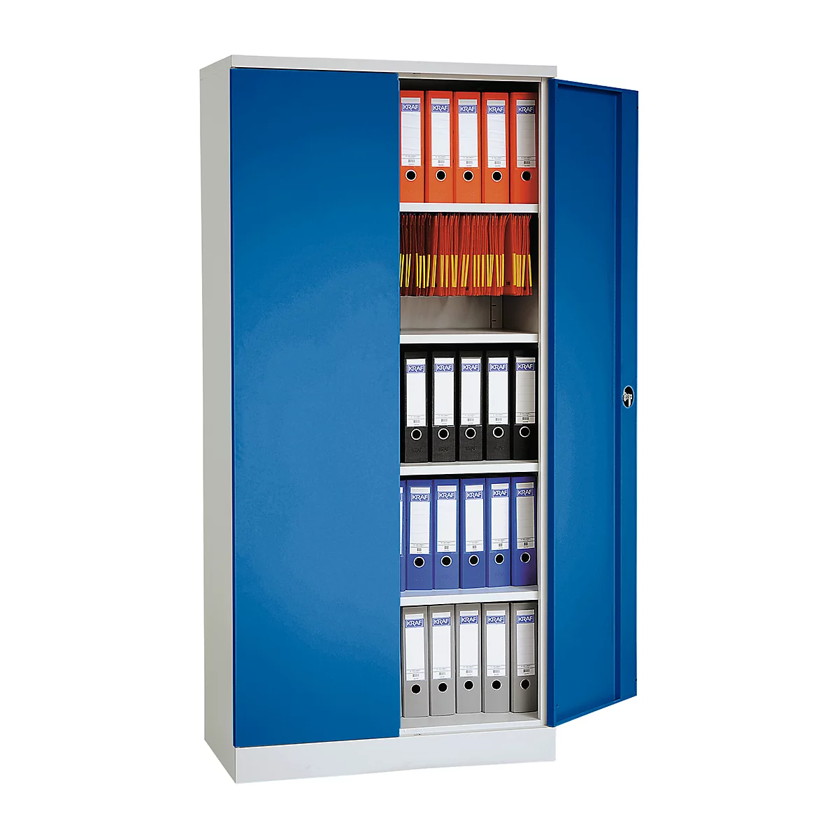 Blue filing cabinet, open, filled with folders in various colors.