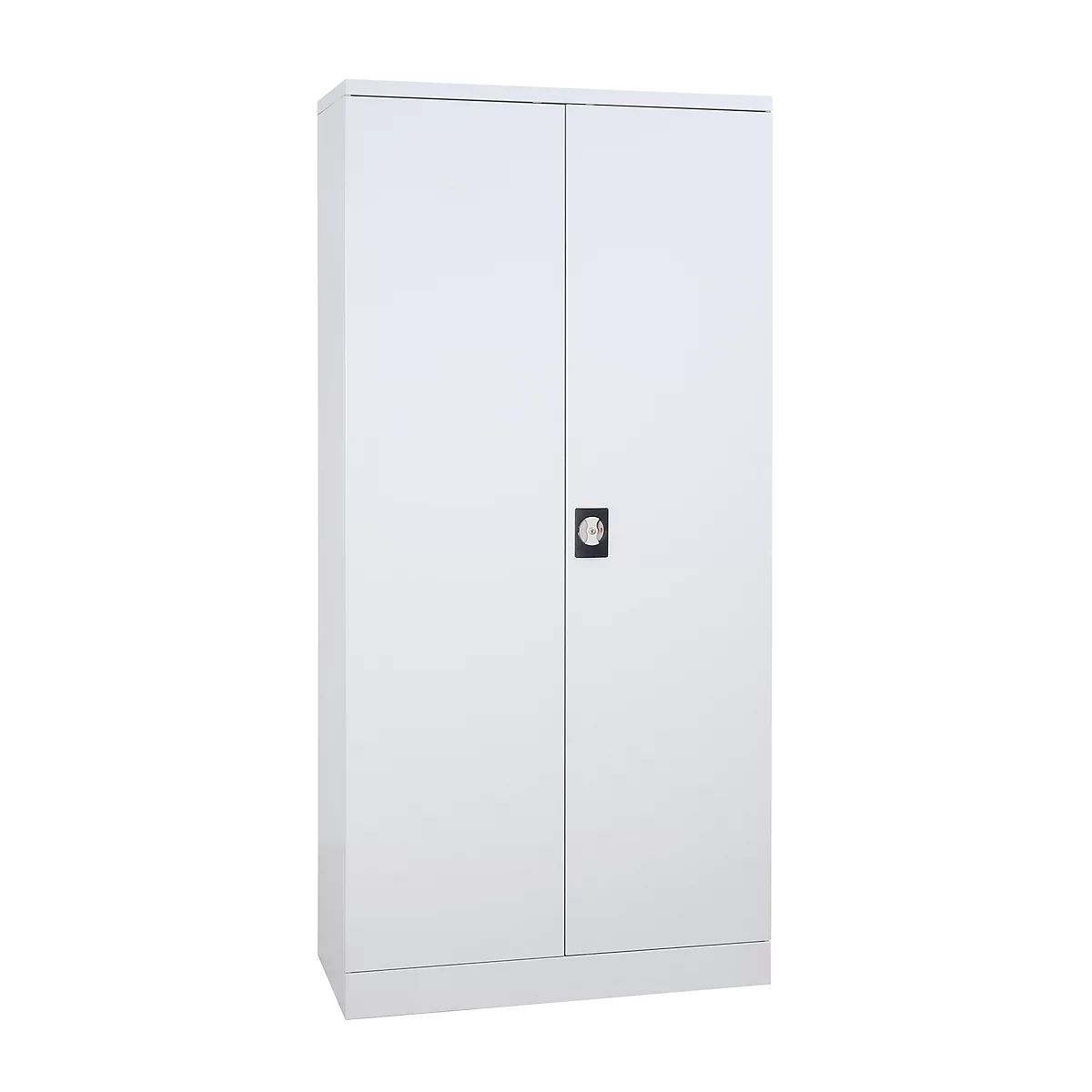 White filing cabinet, two doors, square handle, against a white background.
