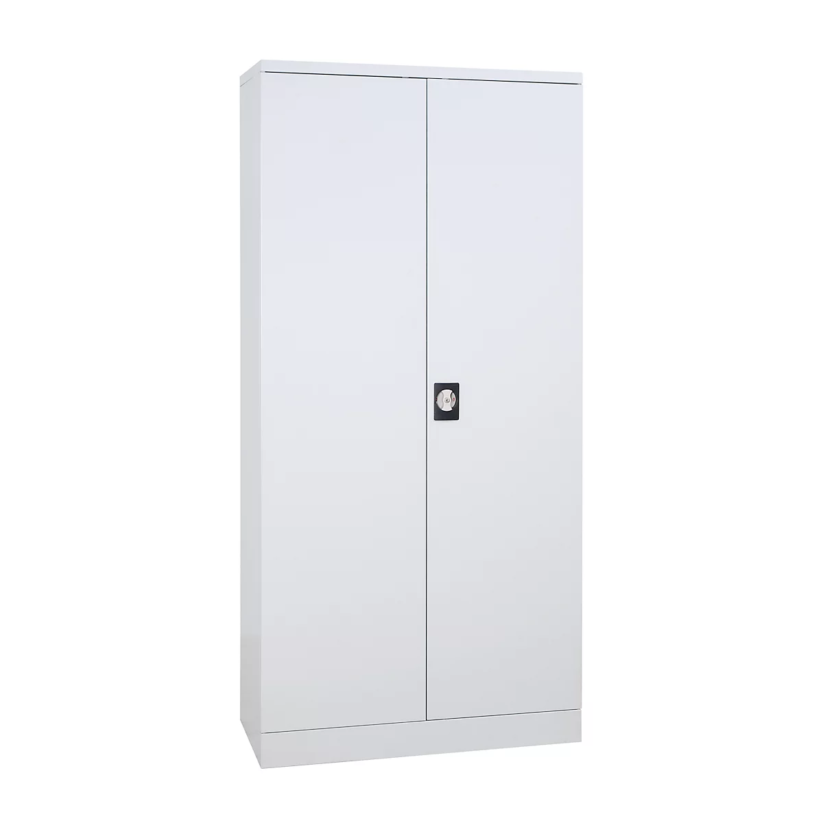 White steel cabinet with two doors, lock and neutral background.