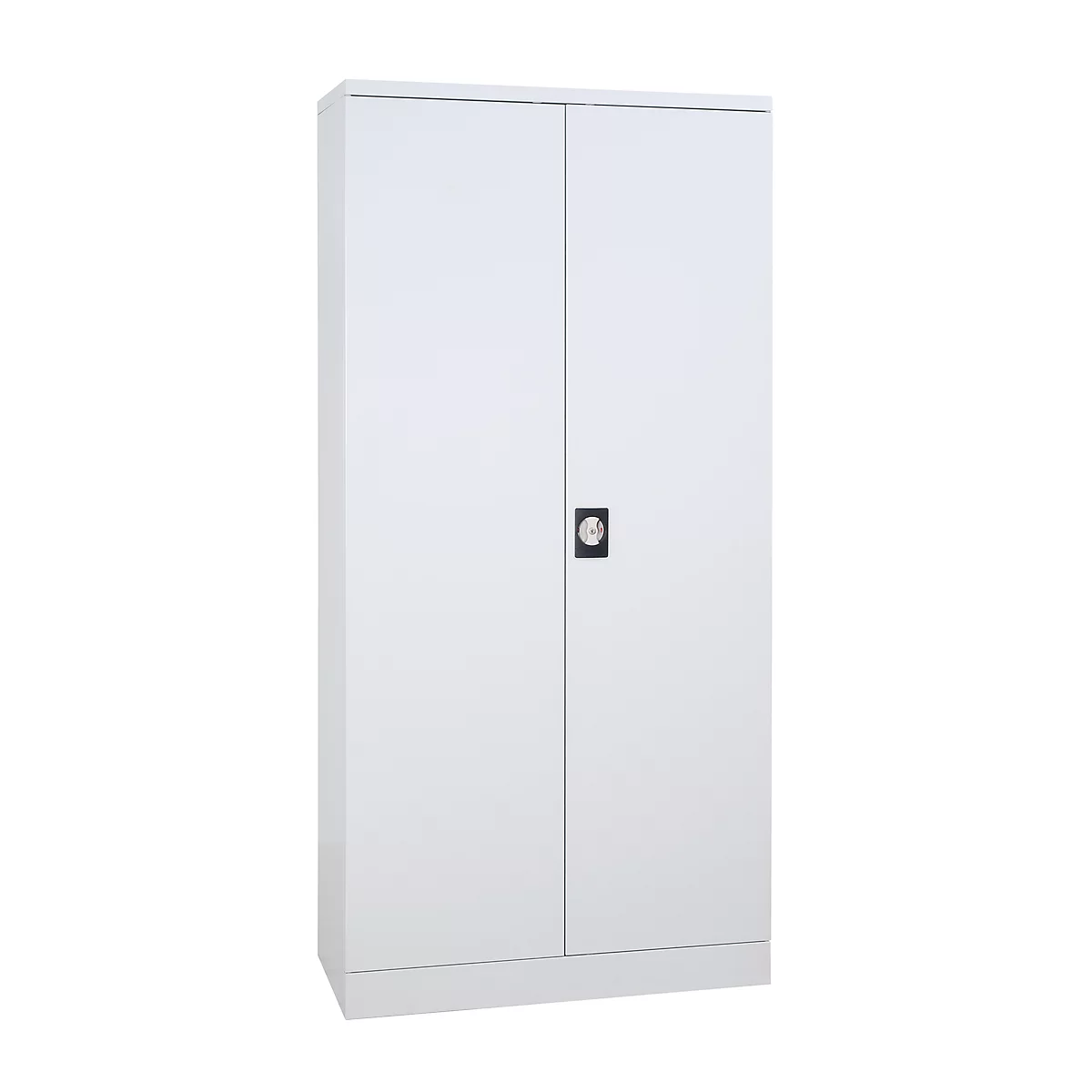 White file cabinet with two doors and a black handle.