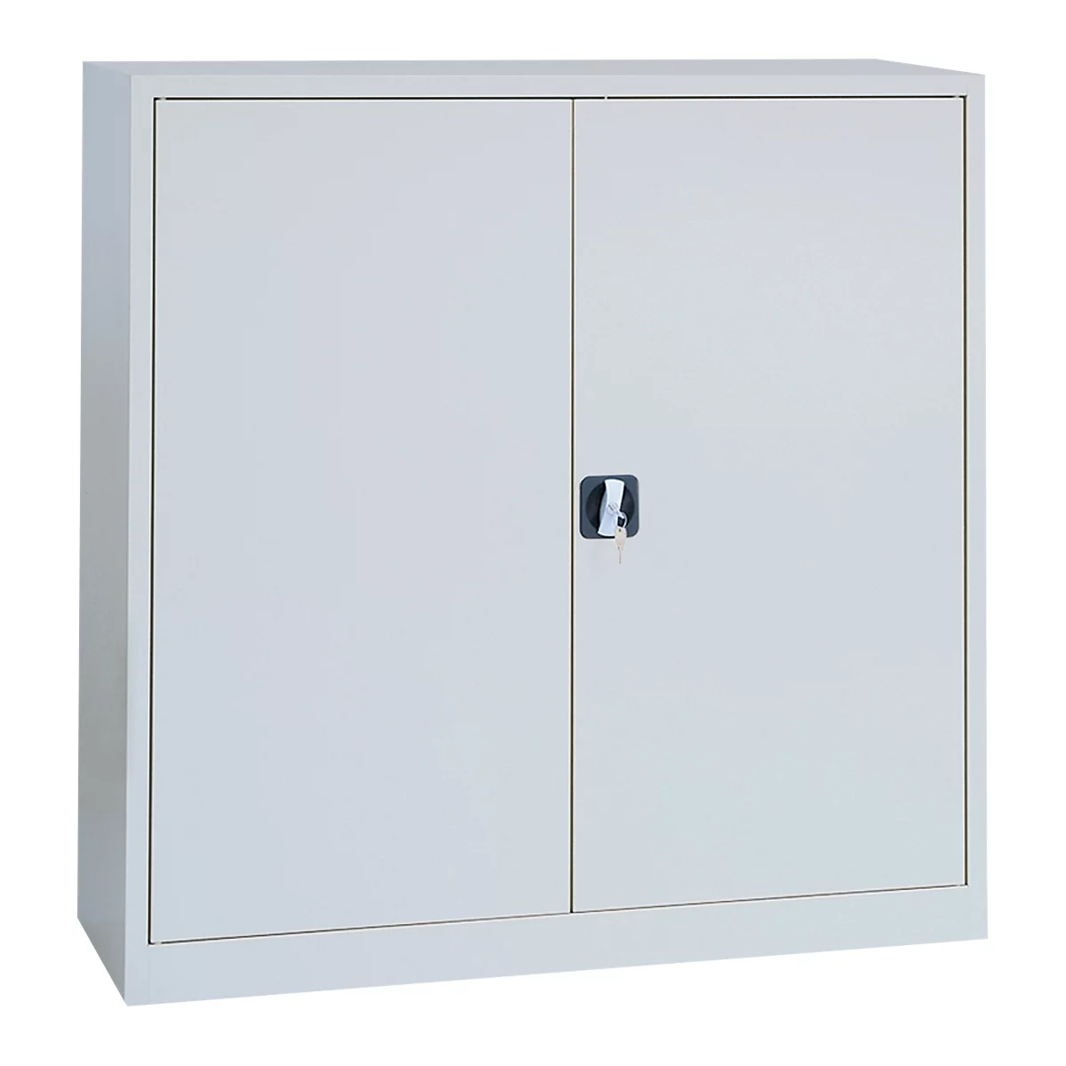 A grey filing cabinet with two doors and a handle in the middle. The cabinet is upright.