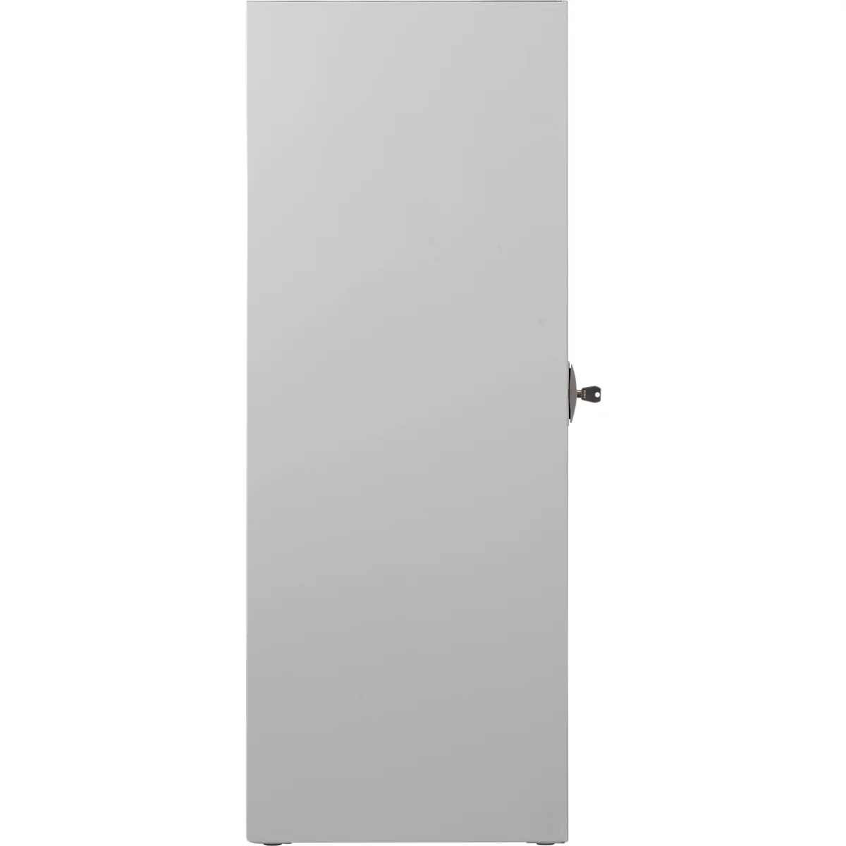 A gray cabinet door with a handle and a key.
