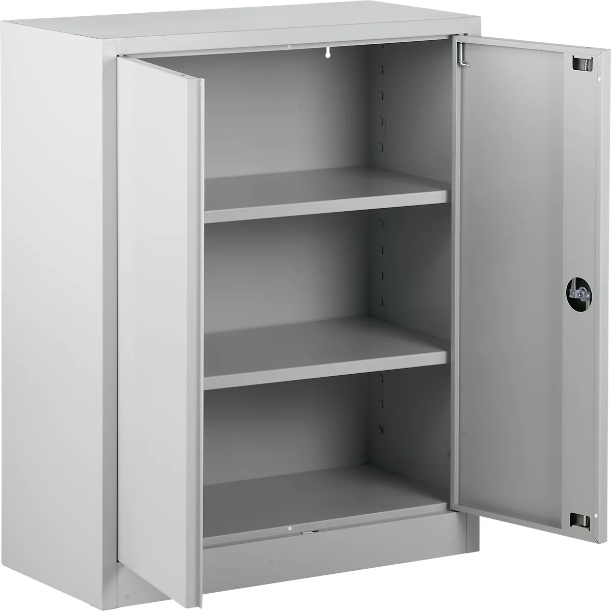 Gray steel cabinet with two open doors, three shelves. One door is open.