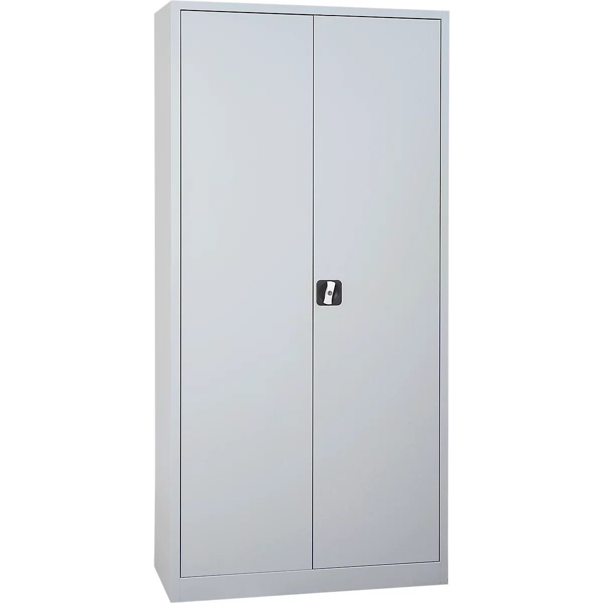 Gray steel cabinet with two doors and a handle.