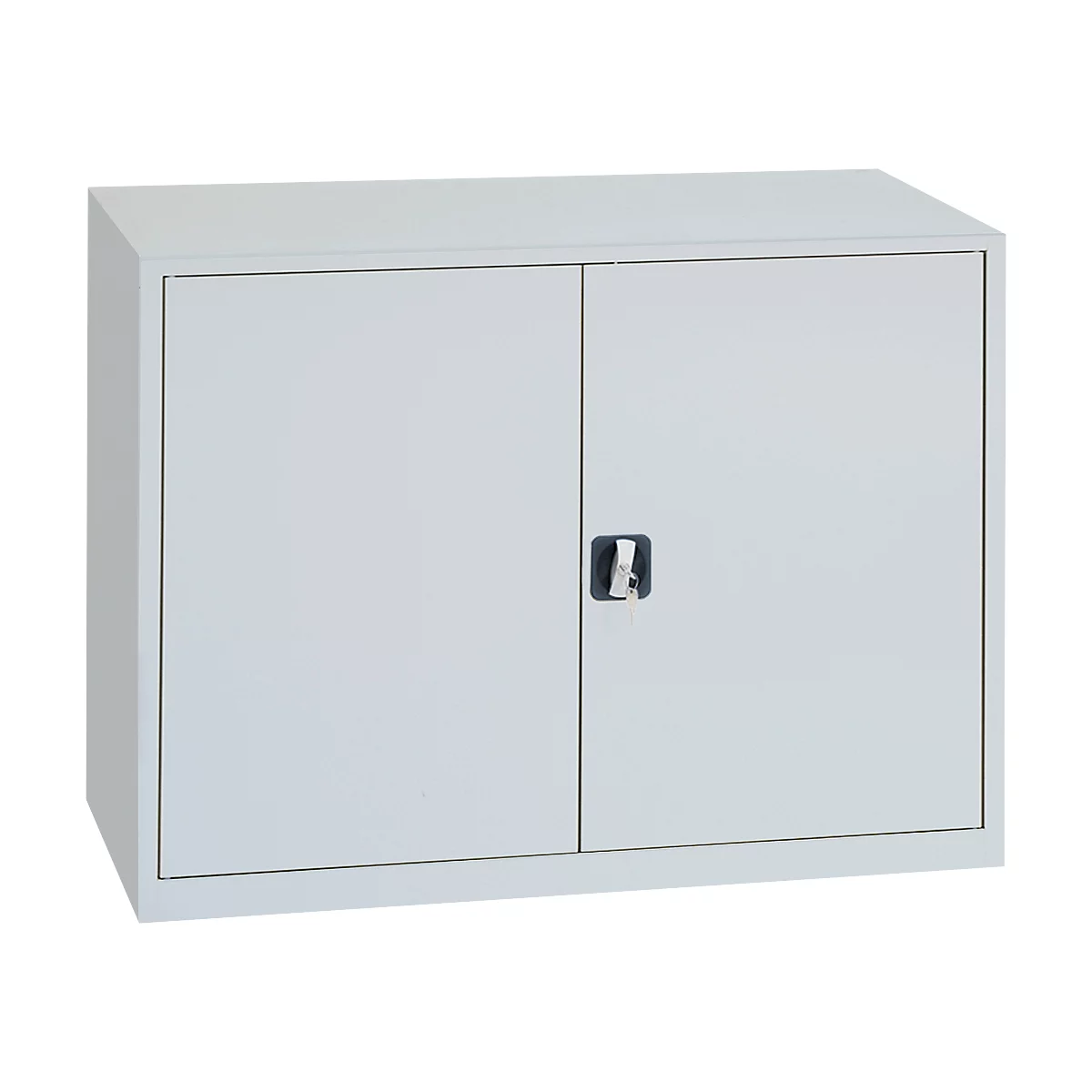 Gray cabinet with two doors and a handle in the middle.
