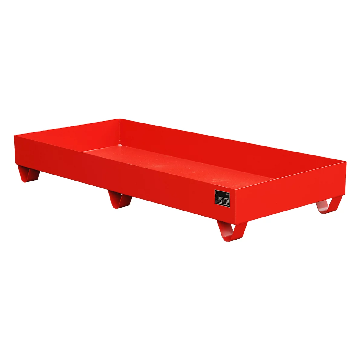 Red drip tray on four feet, rectangular shape, on a white background.