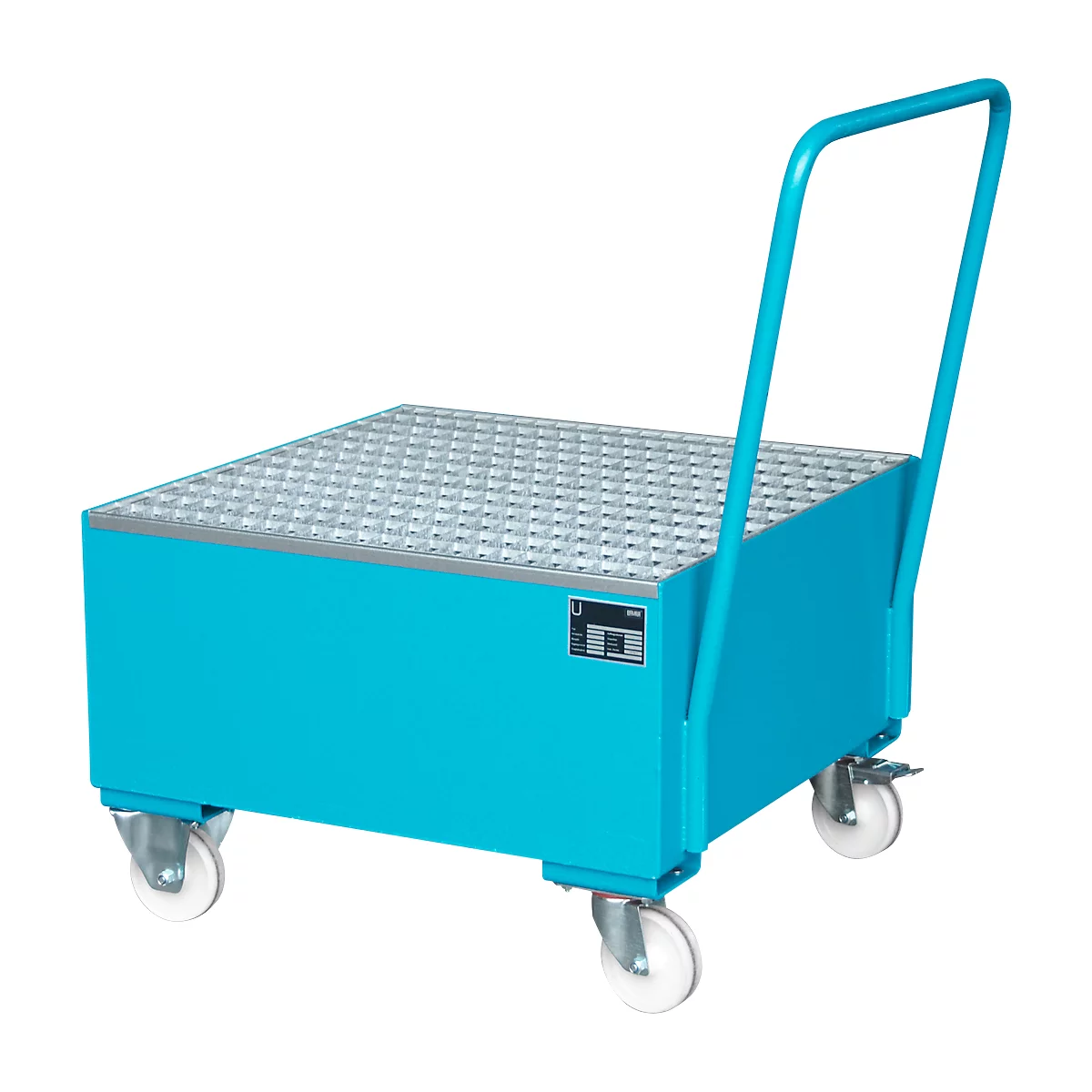 Blue transport cart with a checkered platform and handle. On wheels, ideal for loads. Label on the case.