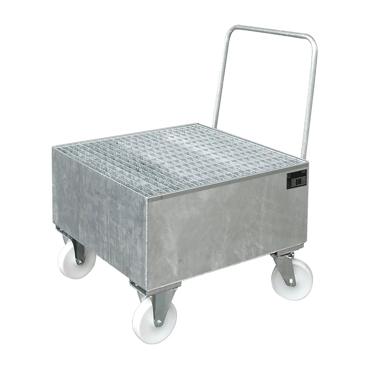 Metal transport trolley with grid surface, four wheels and handle.