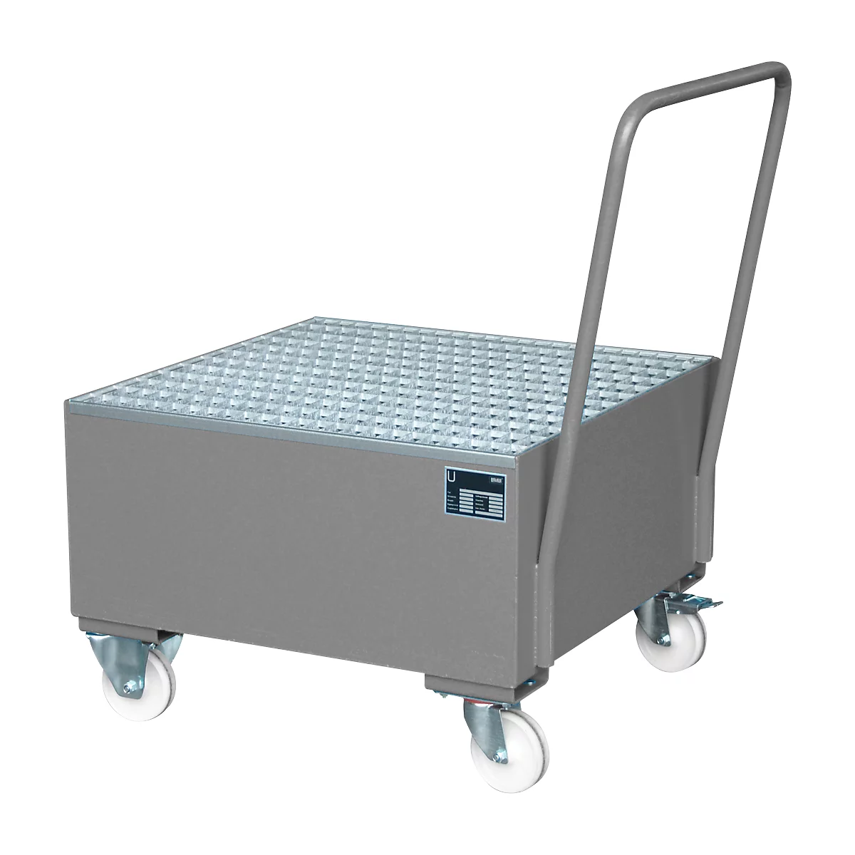 Grey transport trolley with a ridged loading area and handle. It has four wheels.
