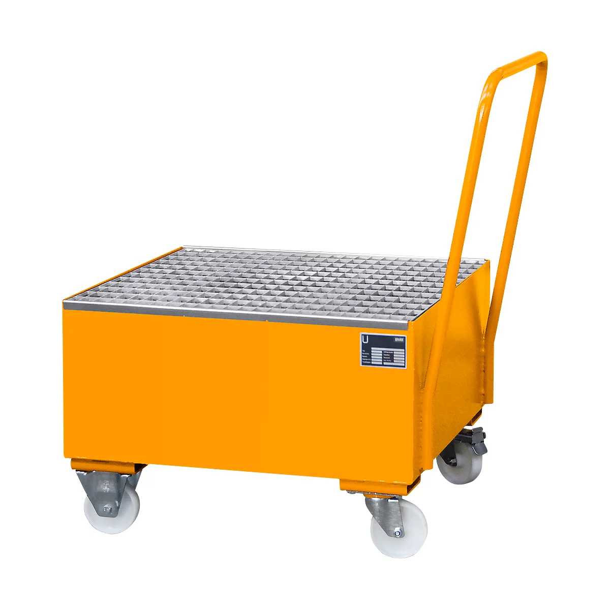 Yellow transport trolley with grid surface, handle and wheels.