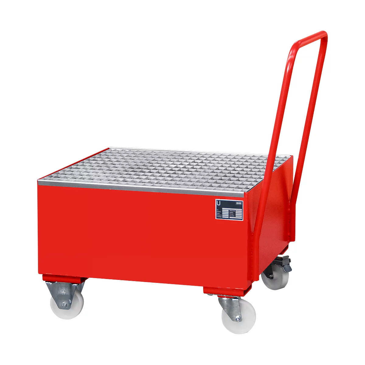 Red transport cart with grating and handle. Four wheels. Sticker with text.