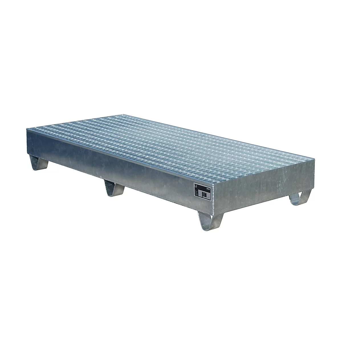 Metal platform with a checkered surface and four curved feet. On a white background.