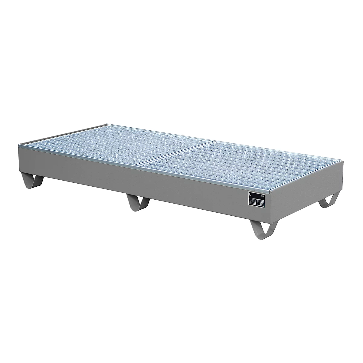 Gray rectangular spill containment with grate, on white background.