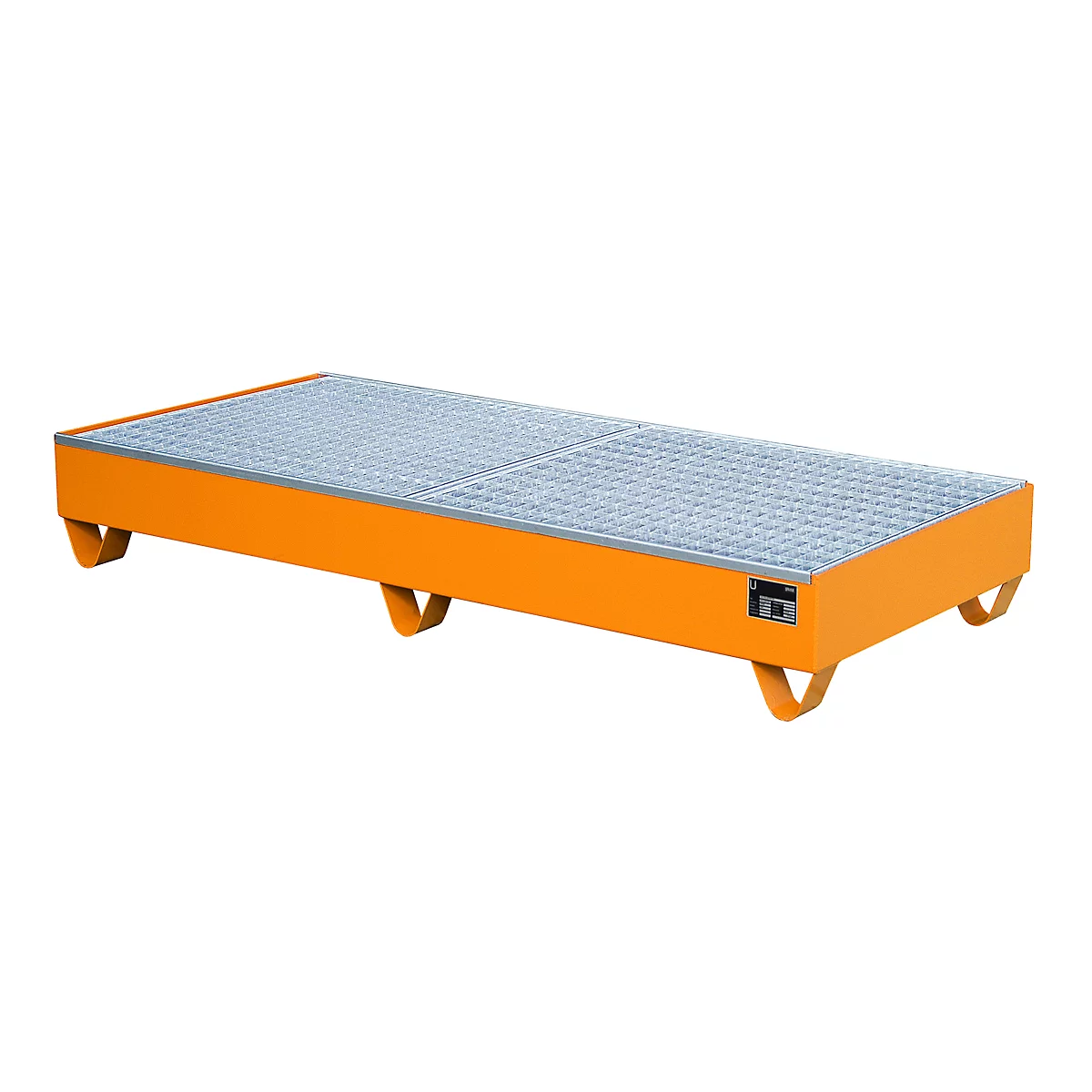 Orange spill containment pallet with grid, side view on a white background.