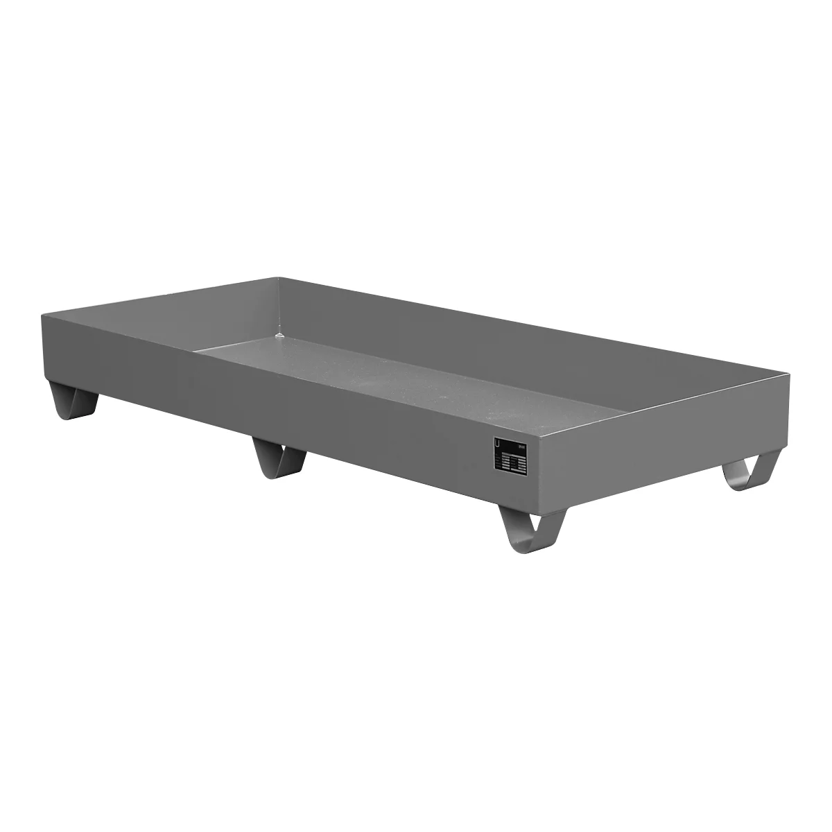 Grey rectangular metal tray with feet. A small company logo is visible on the side.