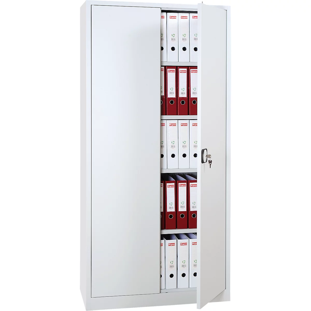 White filing cabinet with an open door, filled with files. Key in lock.