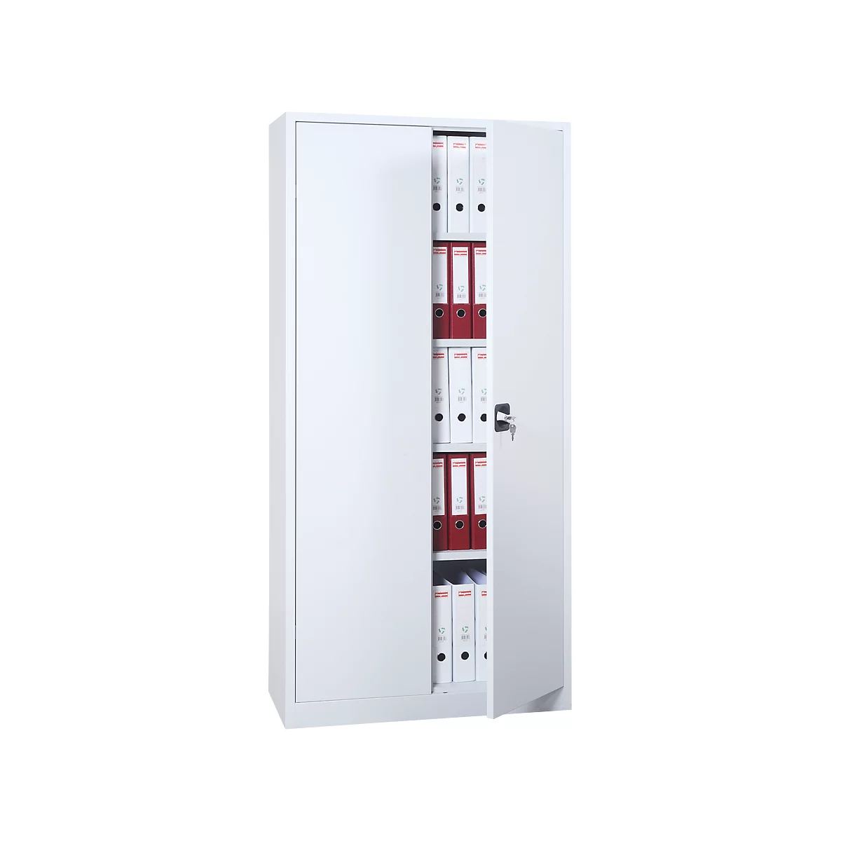 White filing cabinet, one door half open, filled with binders.