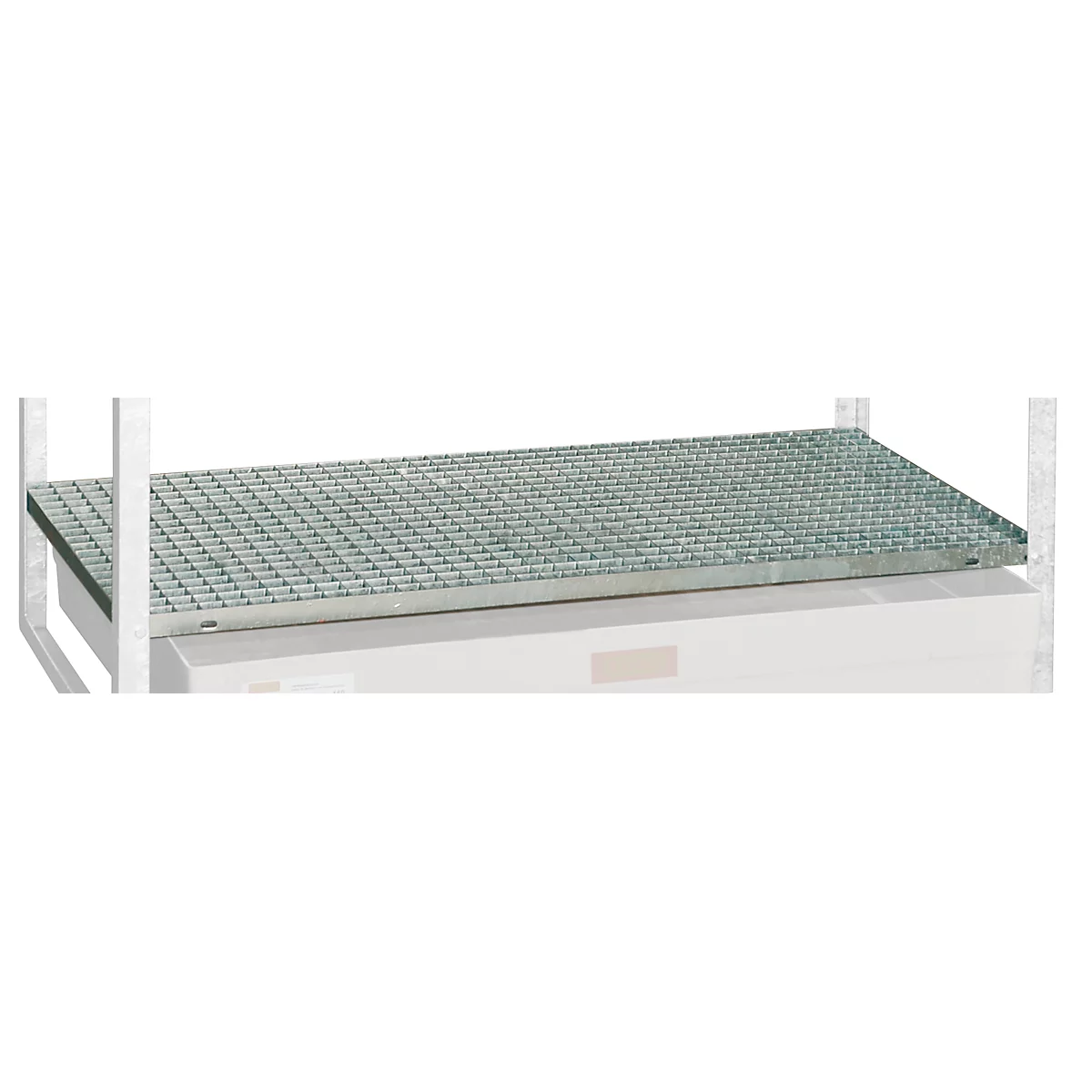 Metal grid on white background, detail view, photographed in perspective.