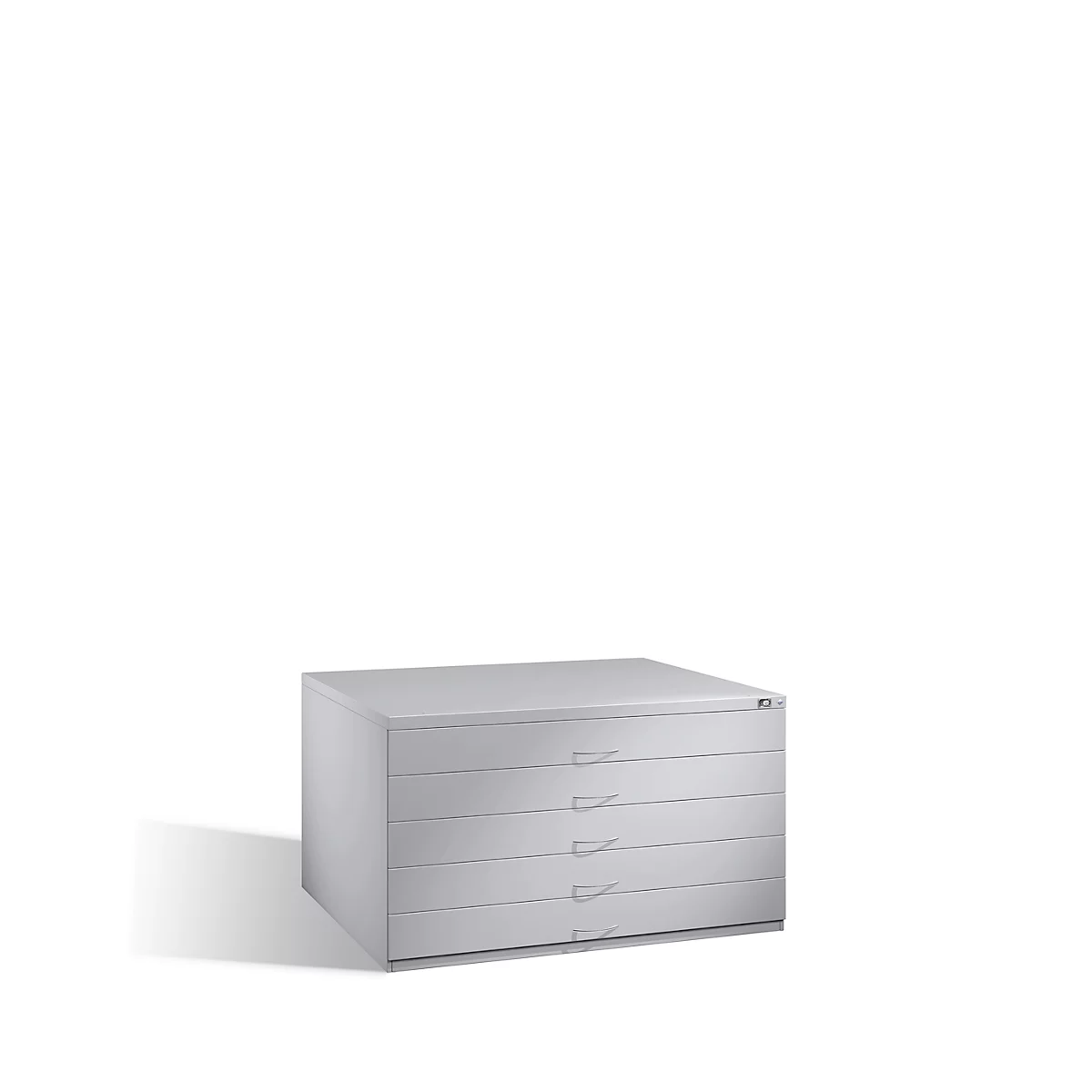 Gray, flat file cabinet with 5 drawers, against a white background.