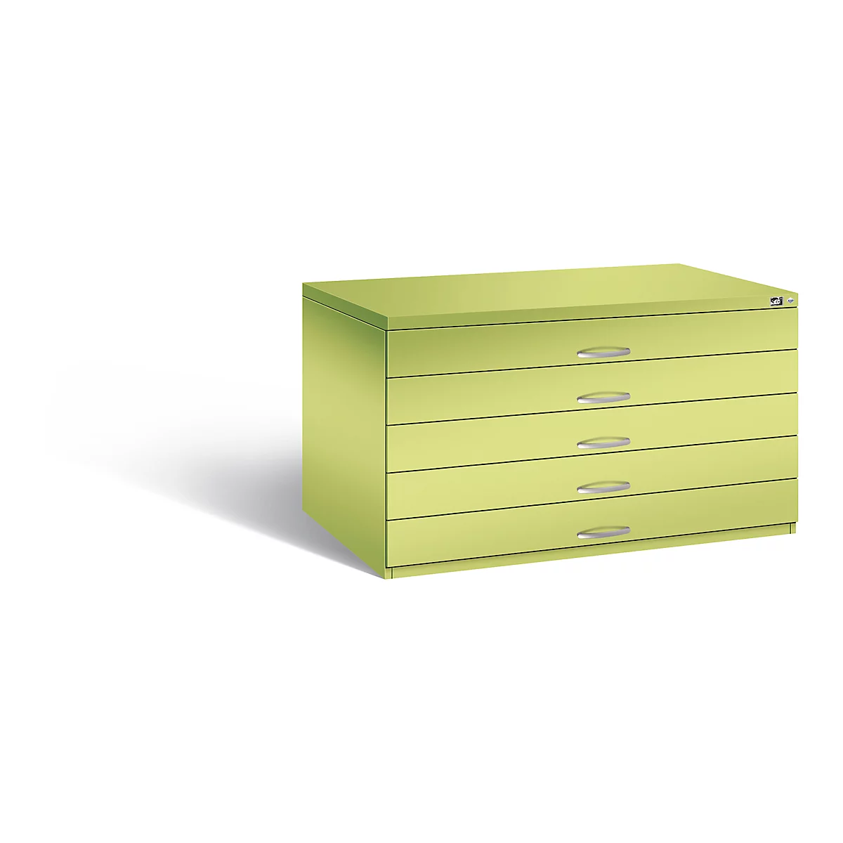 Light green filing cabinet with 5 drawers and silver handles. Shadow on white background.