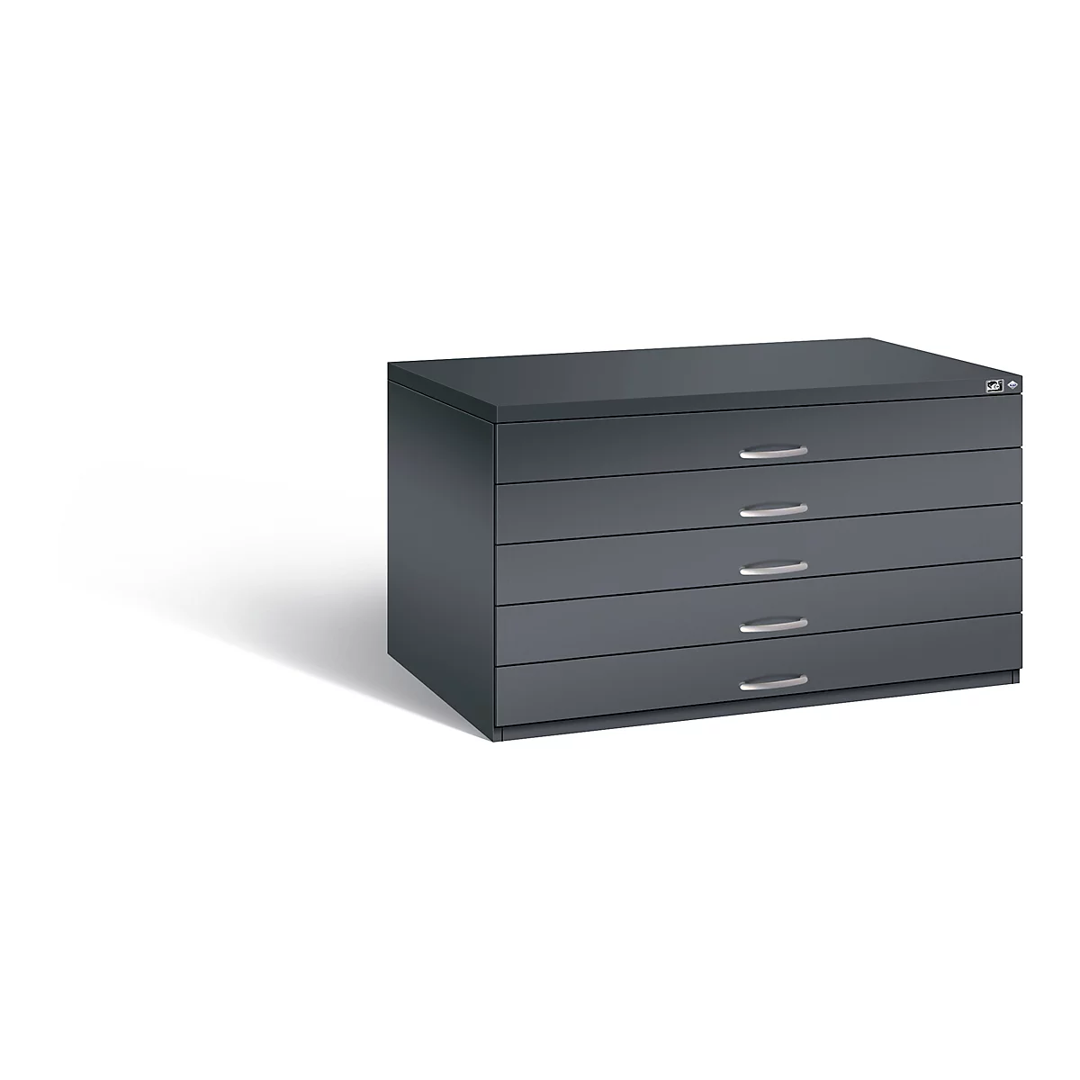 Gray architect's cabinet with 5 drawers and metal handles.