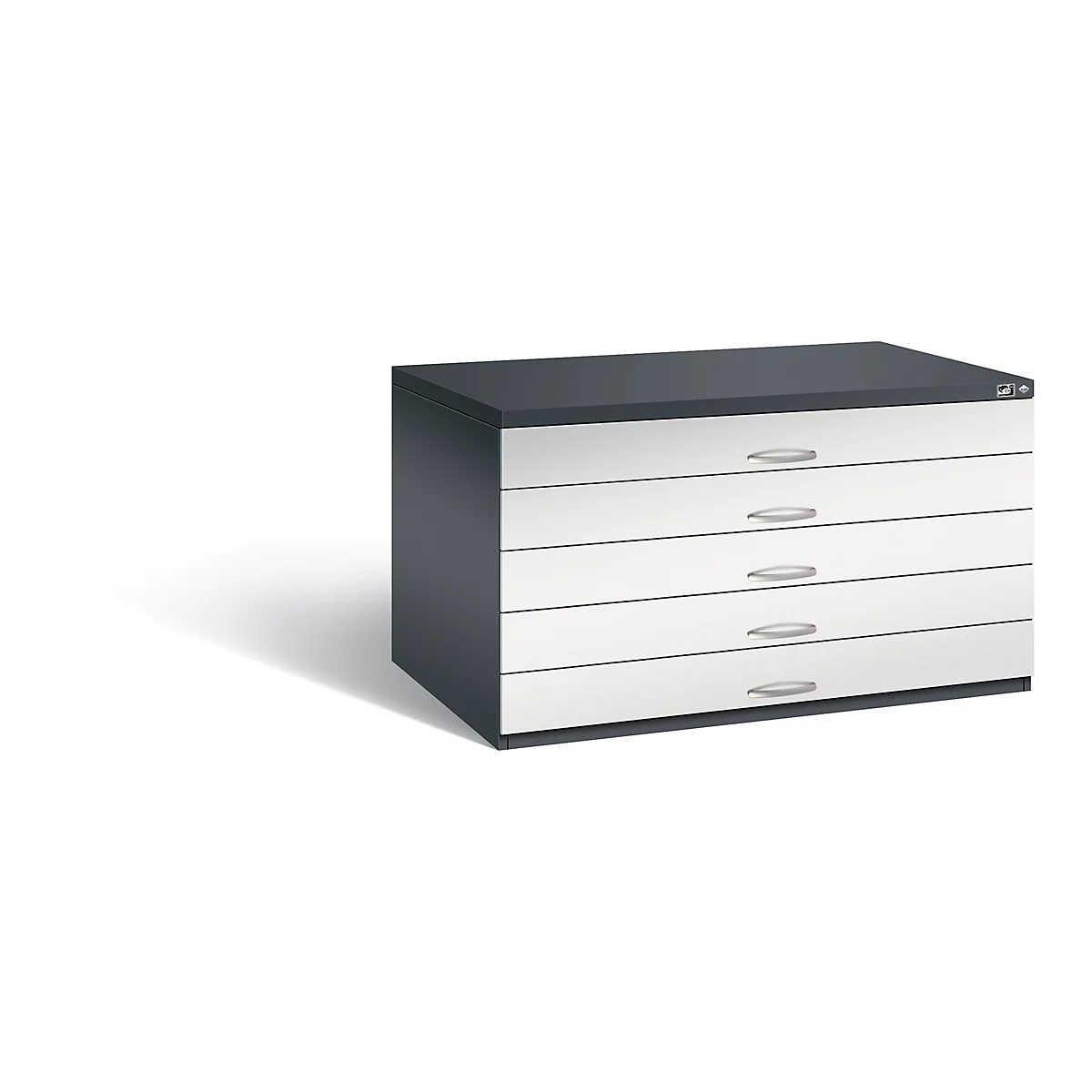 A gray filing cabinet with five drawers, silver handles, and a dark top. In front of a white background.