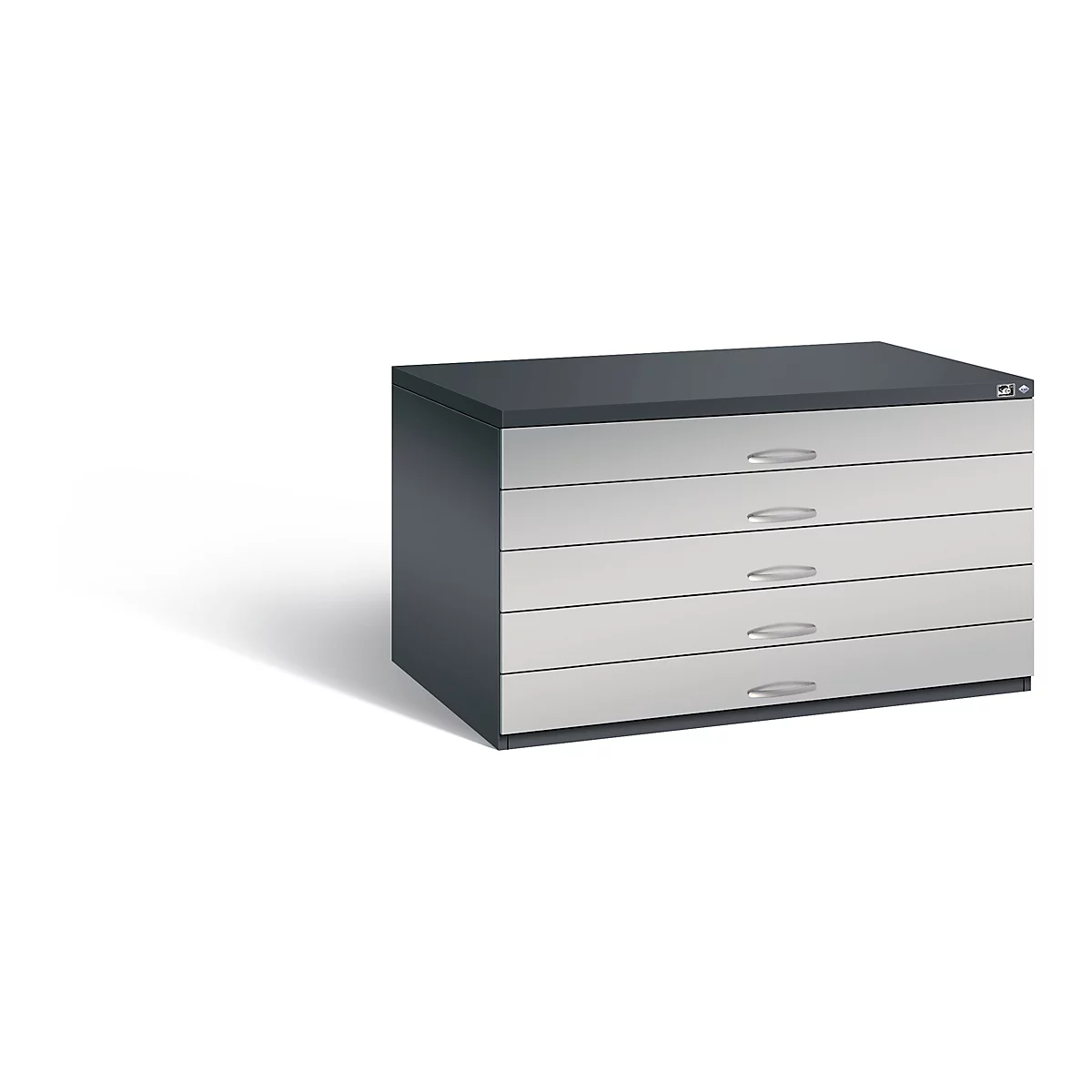 Gray, rectangular cabinet with five drawers, silver handles, and a dark top.
