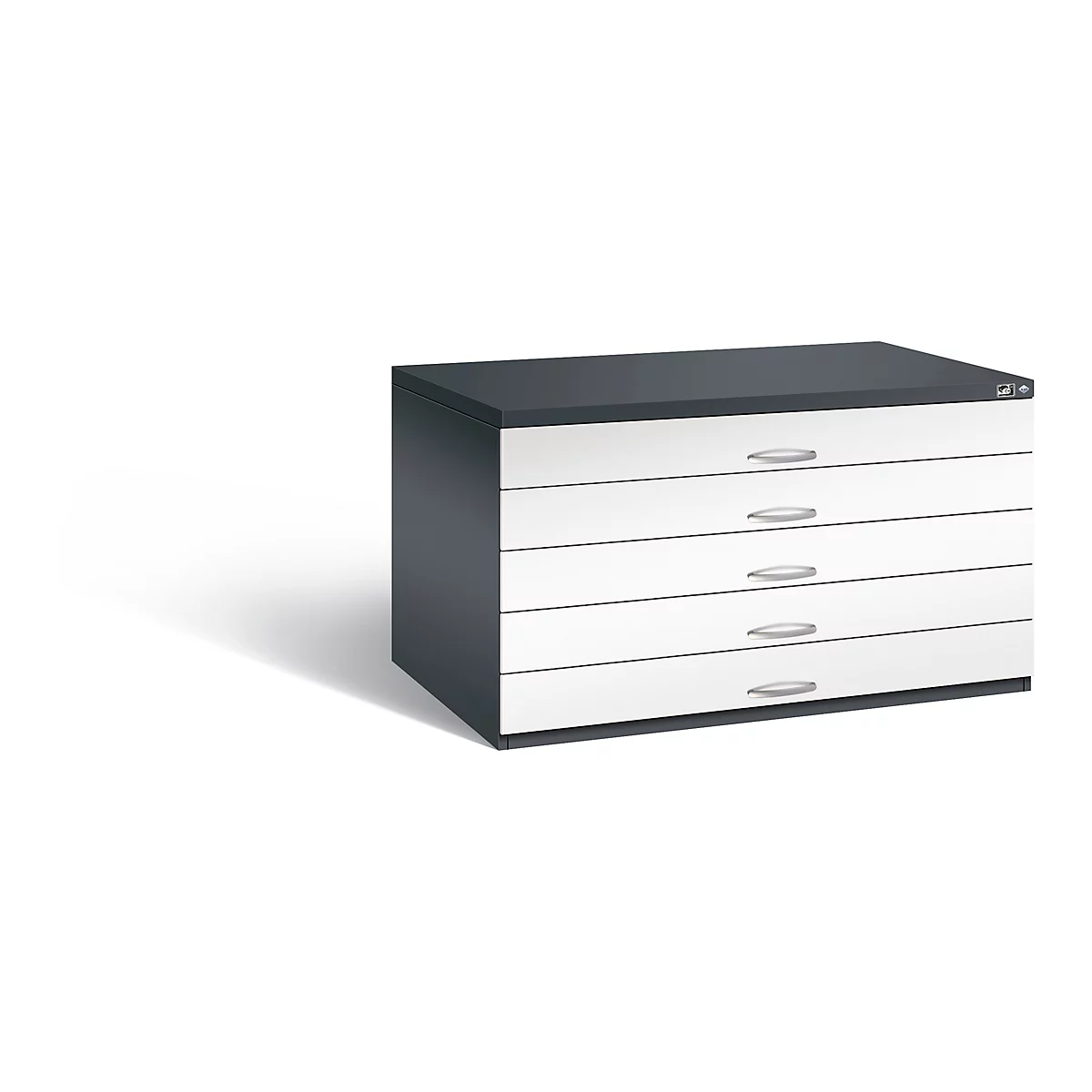 Cabinet with five white drawers with silver handles and an anthracite top. Stands on a white background.