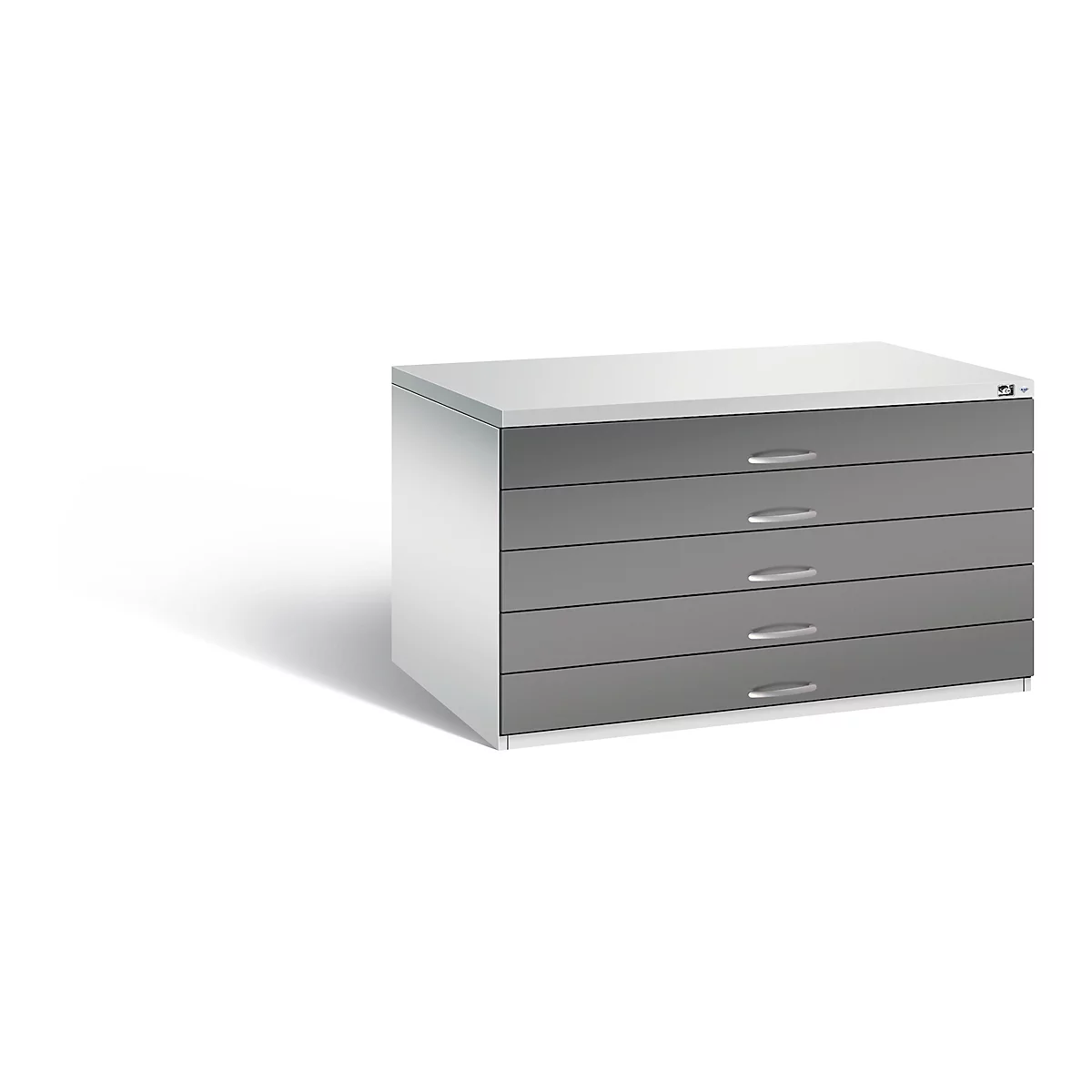 Gray architectural cabinet with five drawers. Light gray top, gray drawers with metal handles, white body.