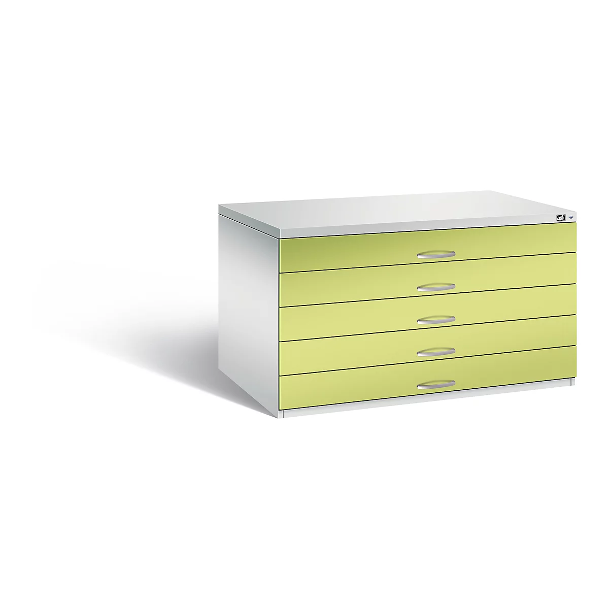 A cabinet with five green drawers and silver handles, standing on a white surface.