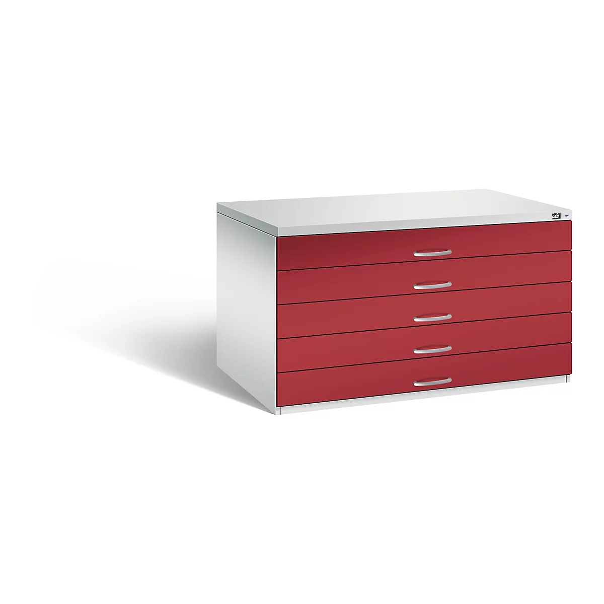 A red cabinet with five drawers stands against a white background. The handles are silver.