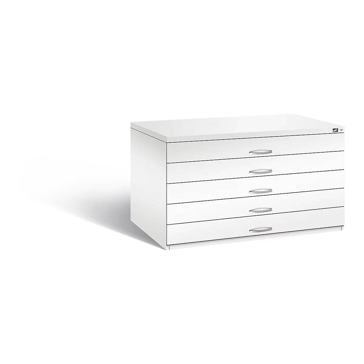 White, cuboid filing cabinet with five drawers and silver handles. On a light background.