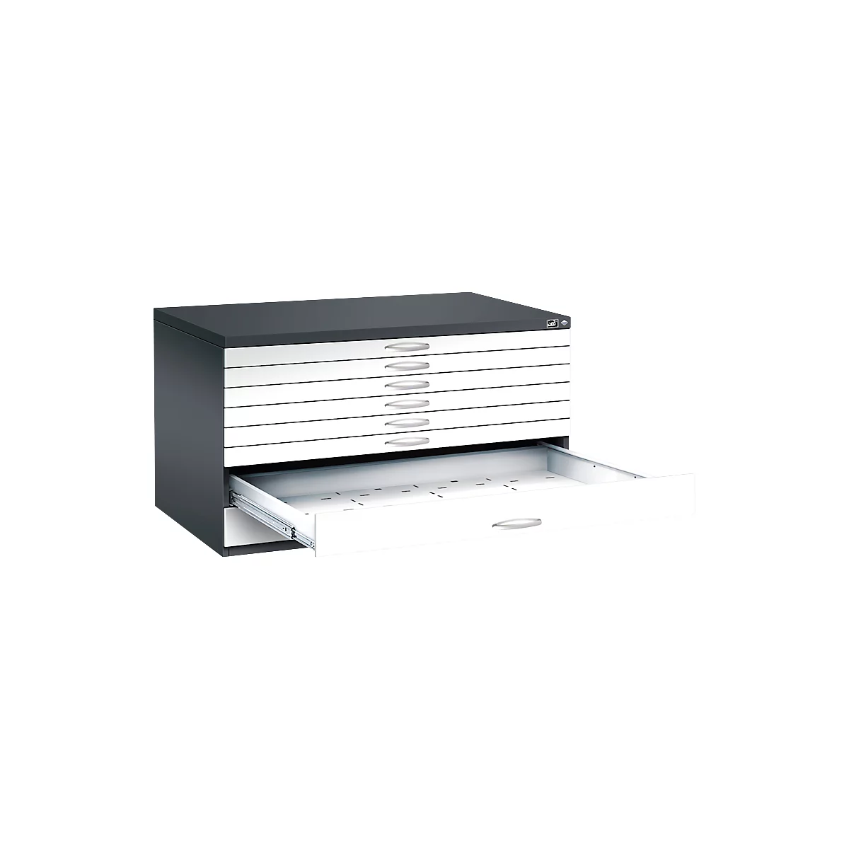 A flat grey filing cabinet, one drawer open. The white drawers have silver handles.