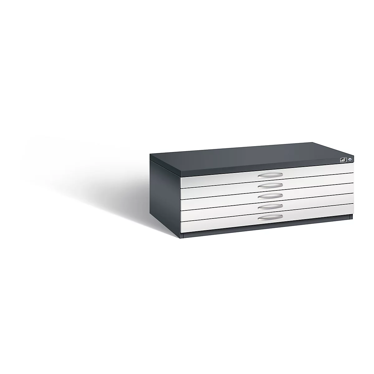 Grey drawing cabinet with six drawers and silver handles.
