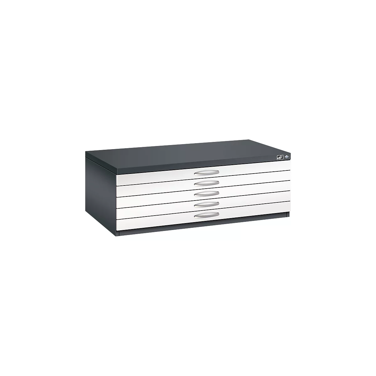 Gray flat file cabinet with 5 drawers. Drawers white with silver handles. Top and sides dark gray.