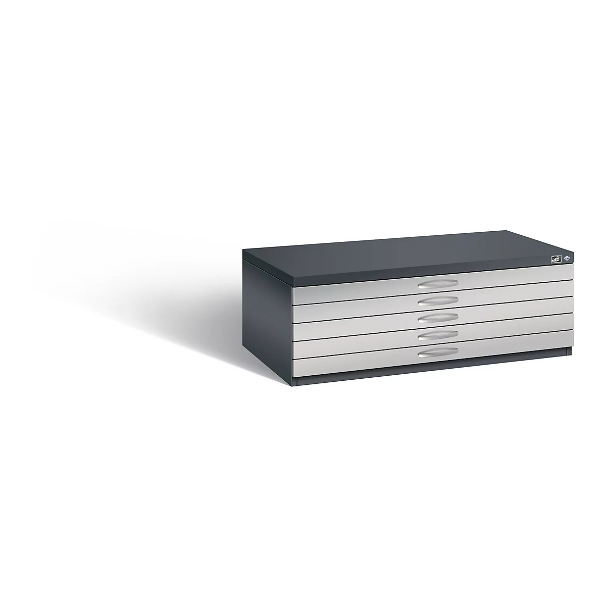Dark gray flat file cabinet with five drawers. The drawers are silver and have silver handles.