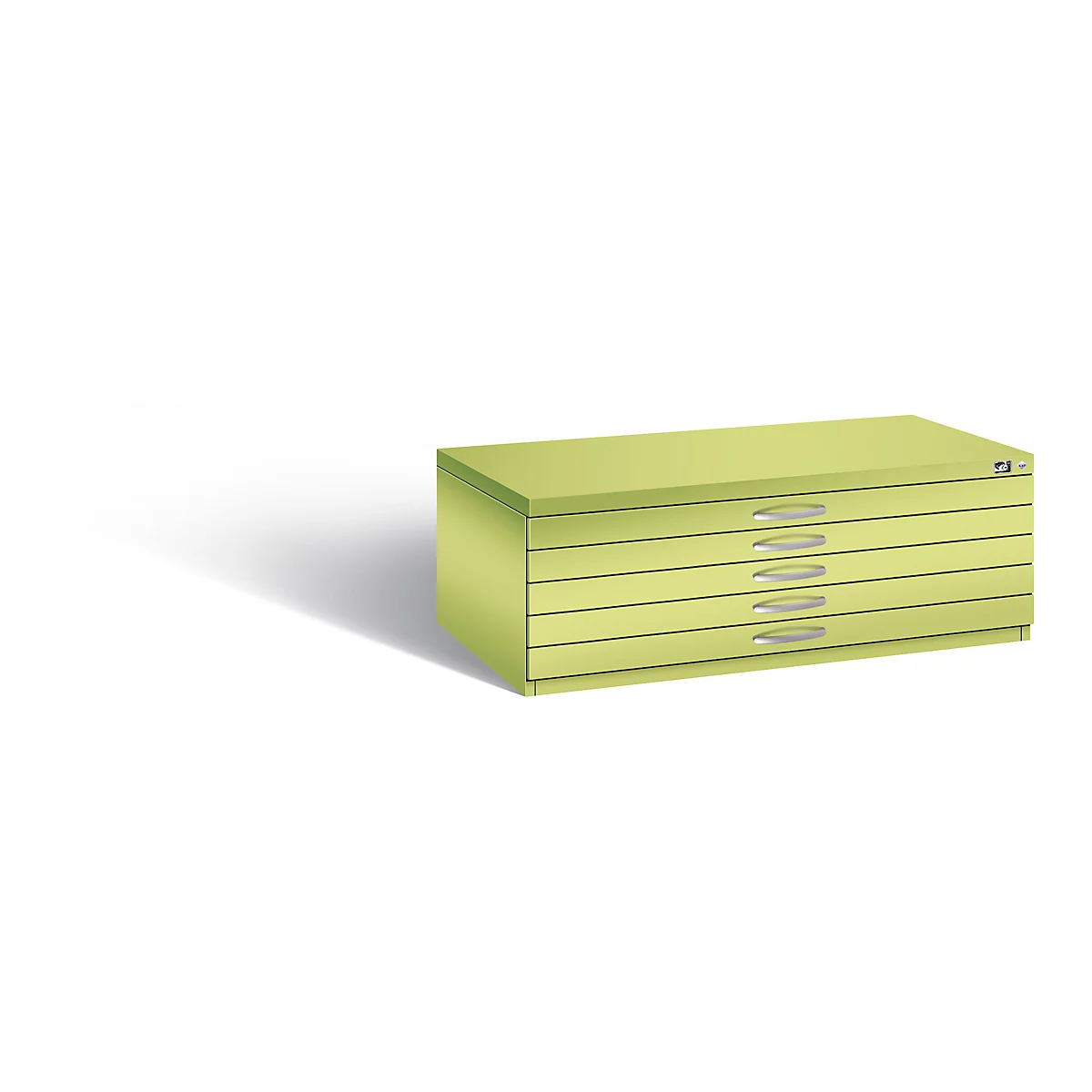 Light green, rectangular drawer cabinet with five drawers. Elongated, silver-colored handles are on the right.