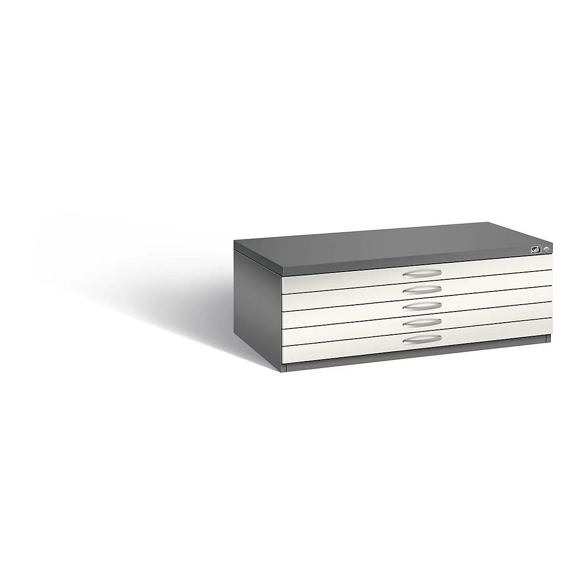 Gray filing cabinet with five drawers, set against a white backdrop.