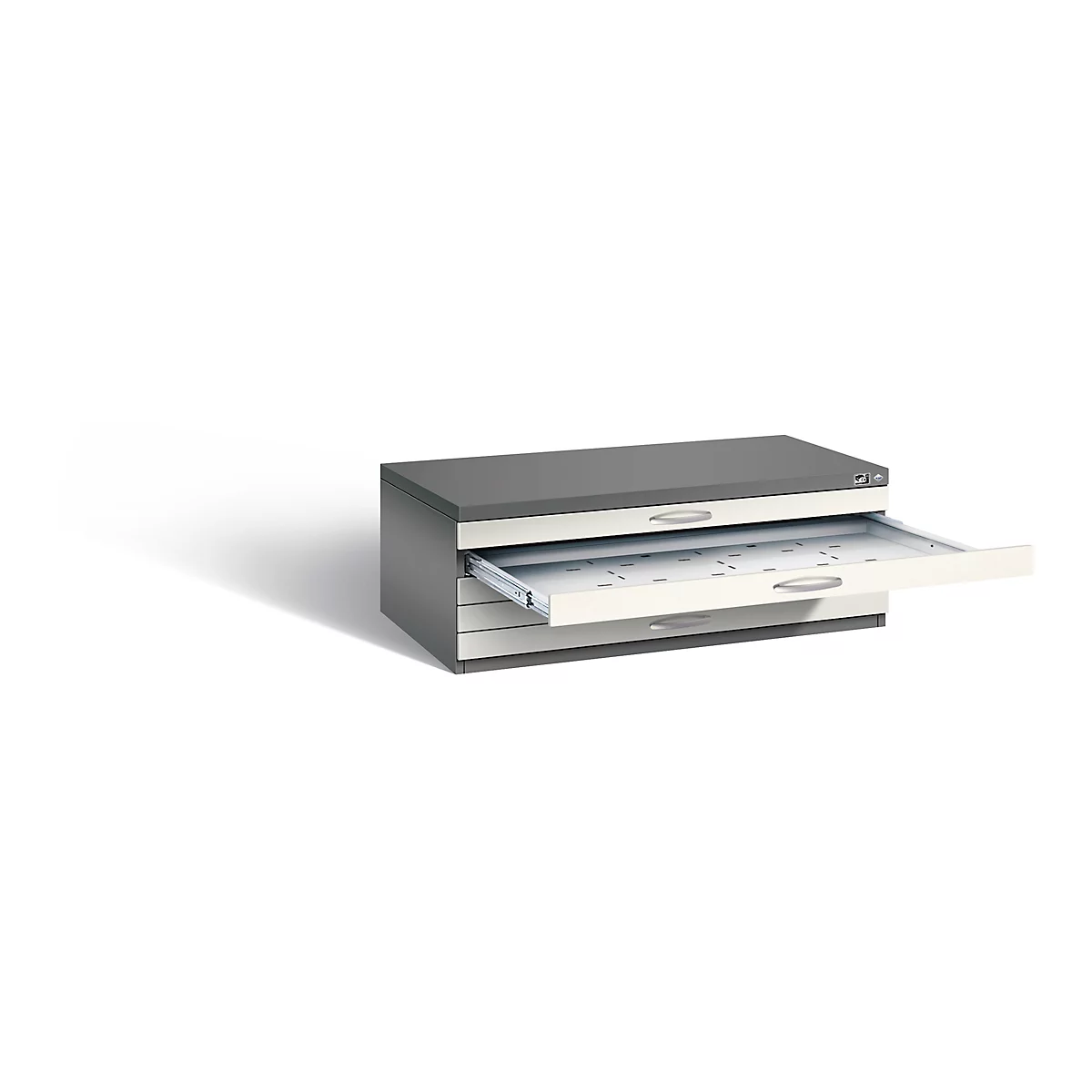 Gray filing cabinet with partially opened drawer, white interior.