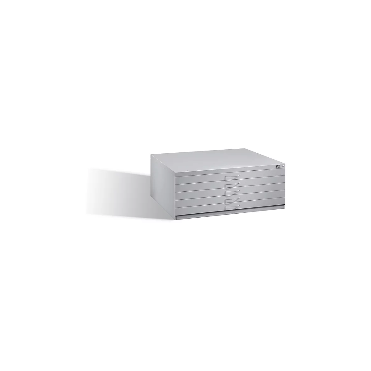 Grey, rectangular cabinet with five drawers, with shadow on a white background.