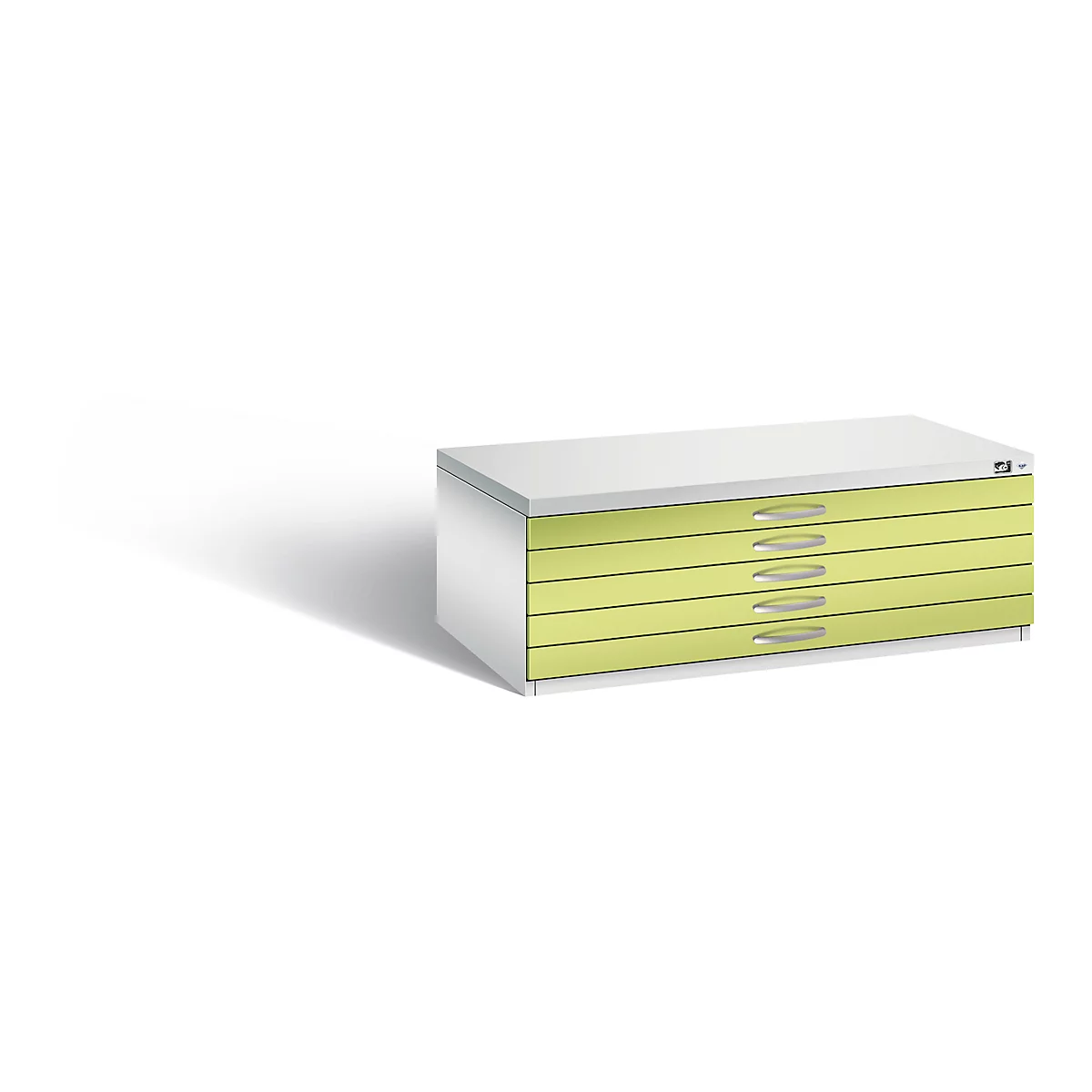 White cabinet system with six light green drawers. Metal handles.