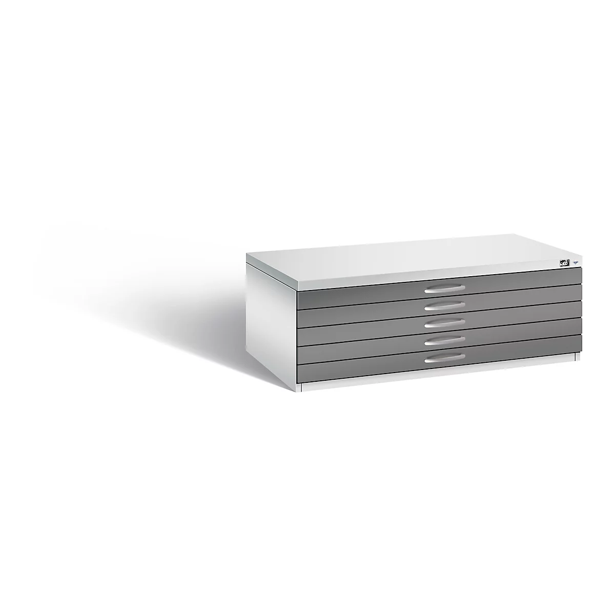 A gray plan chest with five drawers. On top is a light gray surface.