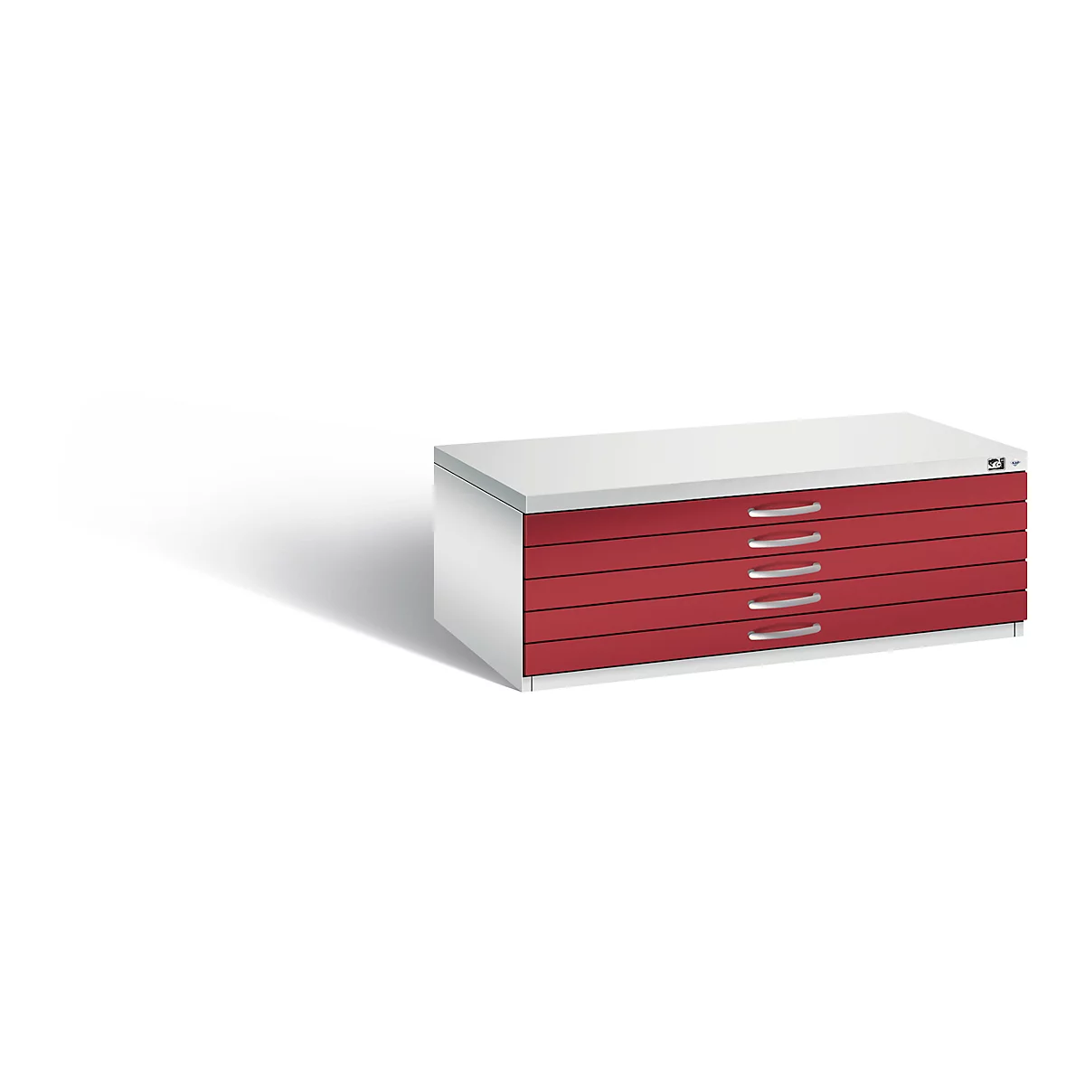 Red flat cabinet with five drawers and white edges. Silver handles.