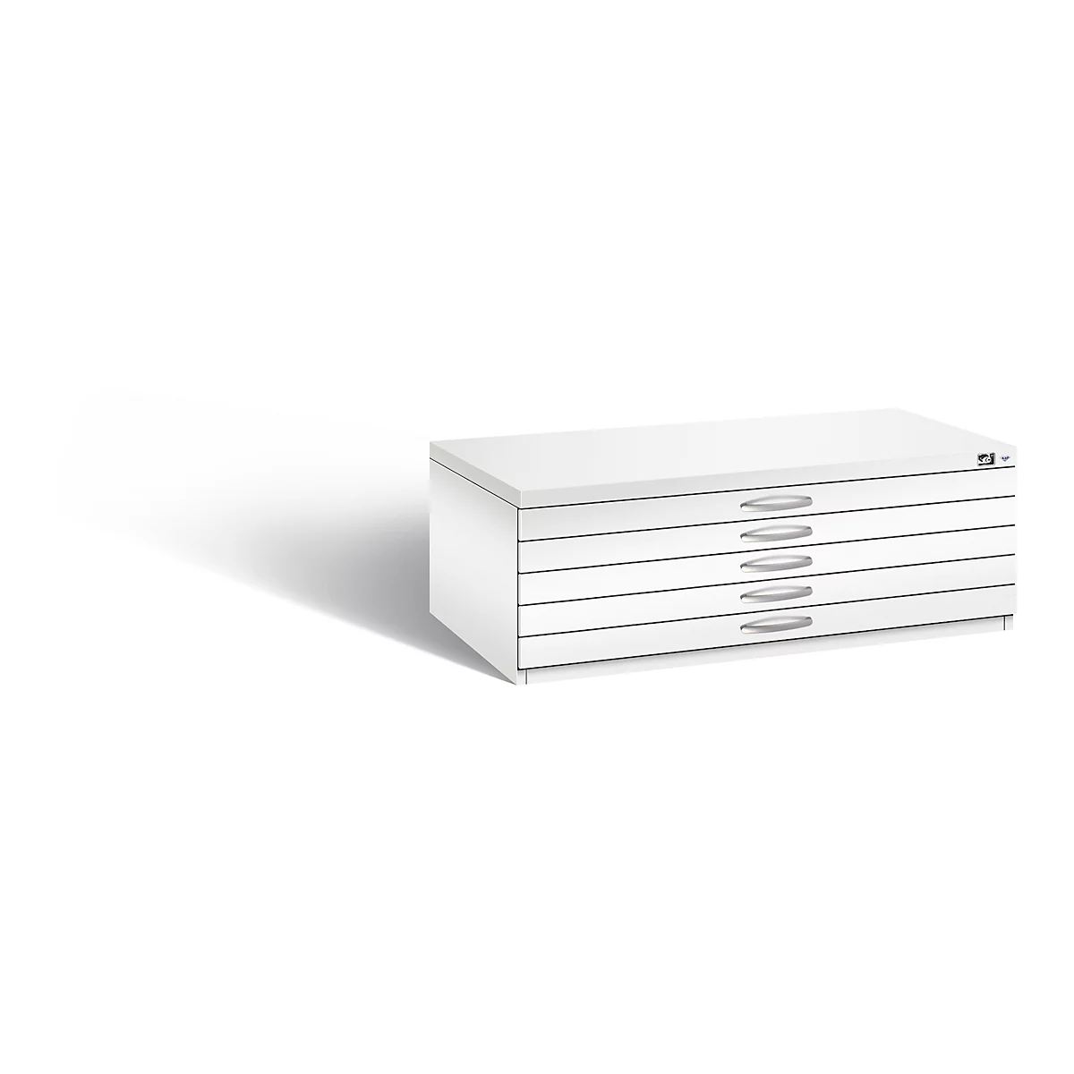 White flat file cabinet with six drawers. Each drawer has a silver handle.