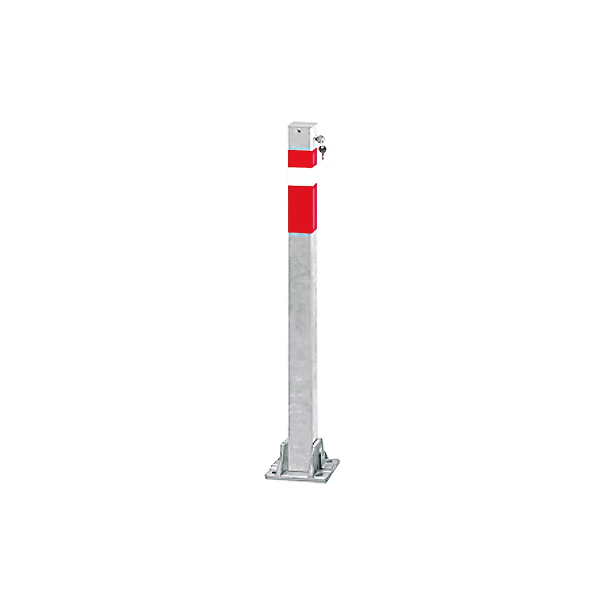 Post to protect against cars. Gray, with red and white stripes, lock with key.