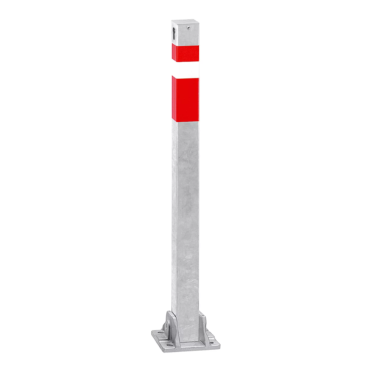 Gray, rectangular bollard with red marking. The top is white, with a small opening.