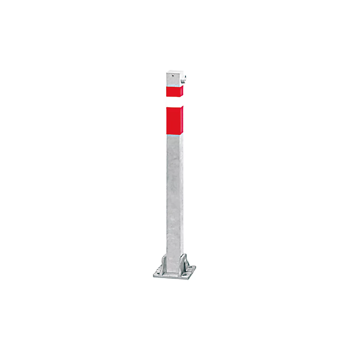 A rectangular post with a red and white head and a silver column stands on a square base plate.