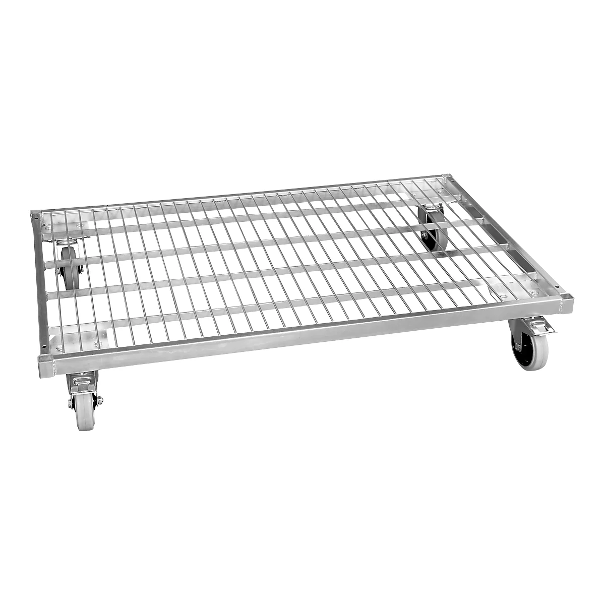 Metal cart with wheels. The top surface is a grid pattern, the frame and wheels are also metallic.