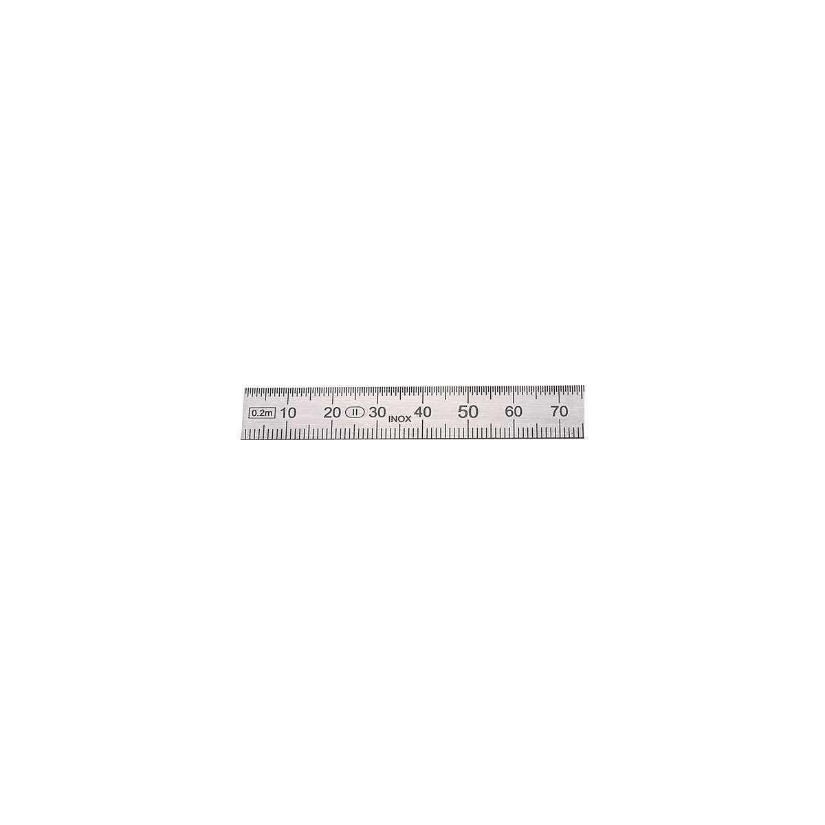 Close-up of a metal ruler with black markings and numbers. The text includes: 0.2m, 10, 20, II, 30 INOX, 40, 50, 60, 70.