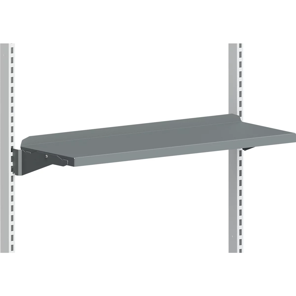 Grey shelf mounted on vertical rails. Rounded edge, bracket with screws.